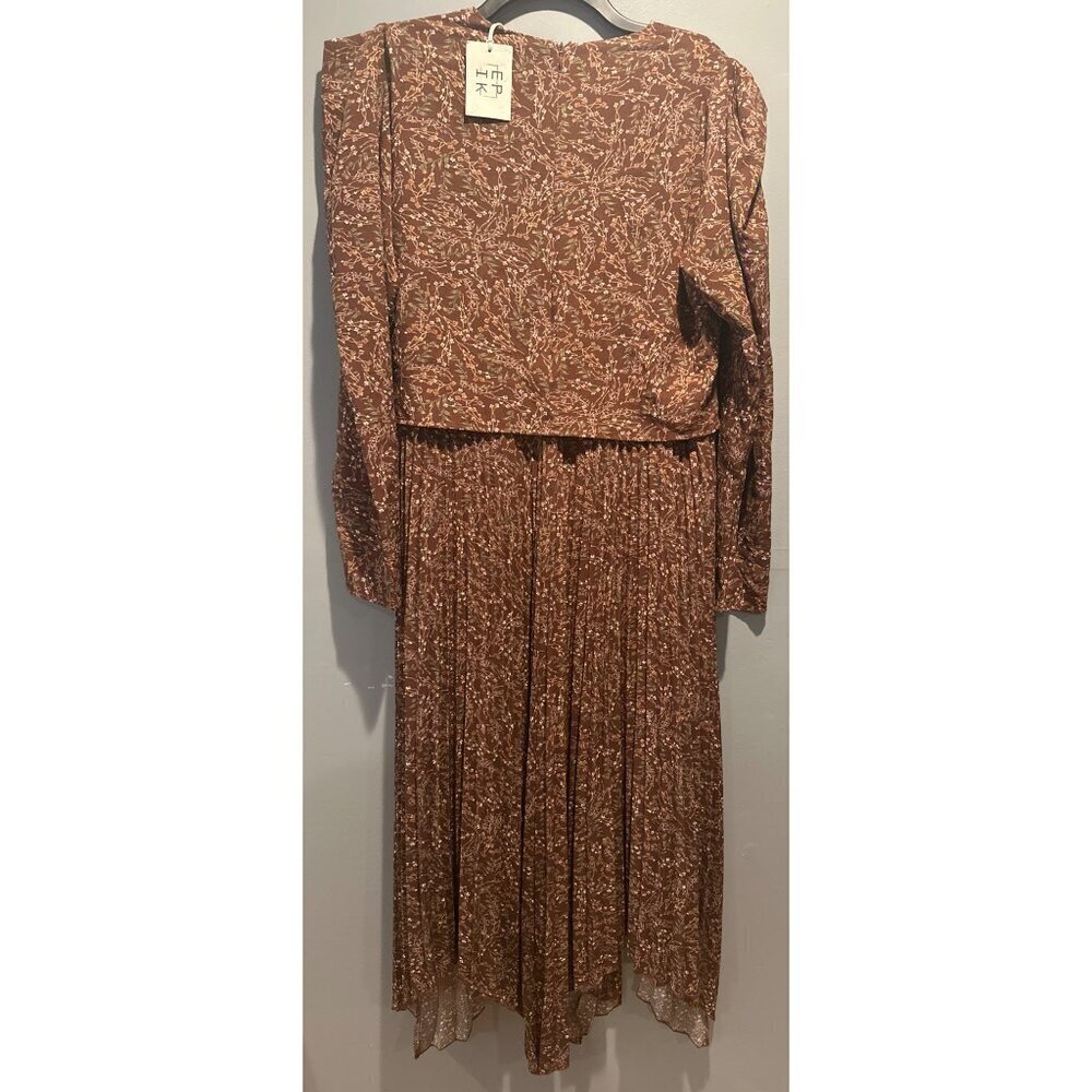 Women's Size L Brown Floral Pleated Ruffle Midi Dress NWT Cottagecore VTG Boho - Picture 7 of 8